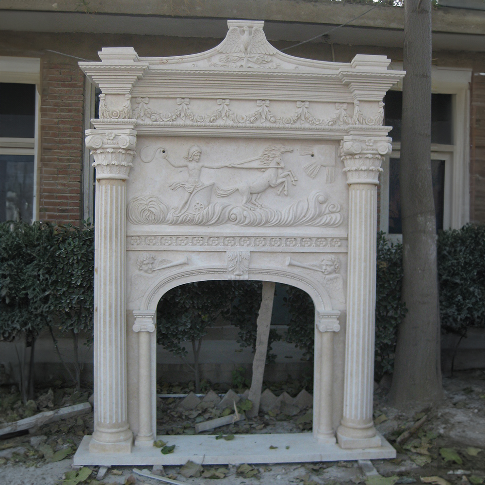 Classical Marble Fireplace with Mantel featuring mythological relief sculpture and fluted columns