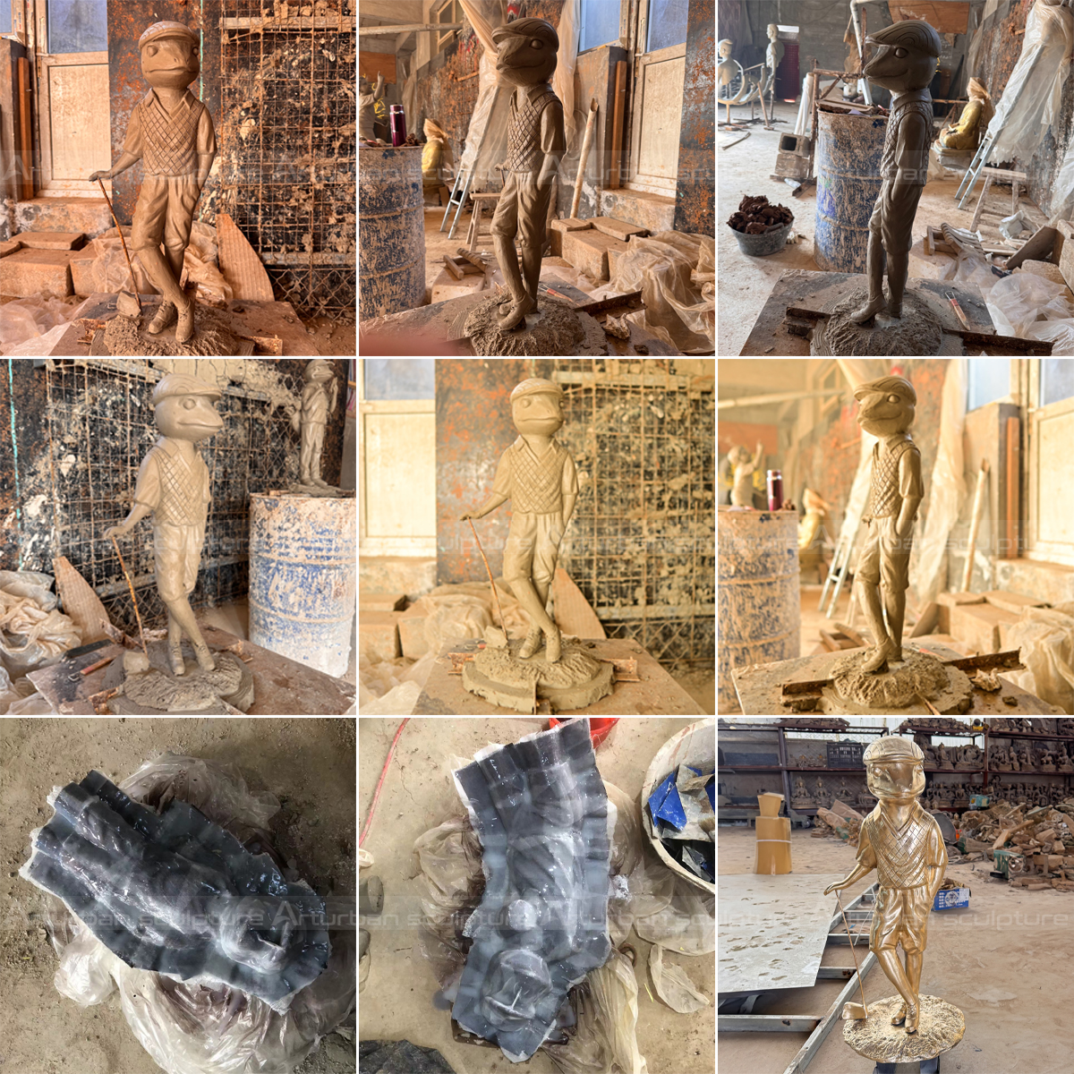 giant Frog Golfer garden Statue production collage, showing clay sculpting, mold making, and bronze casting stages
