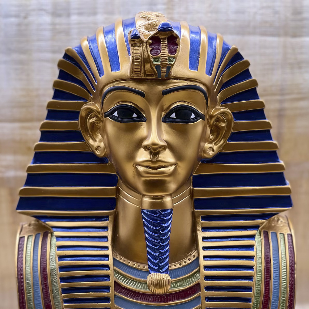 King Tut Head Statue with blue and gold headdress