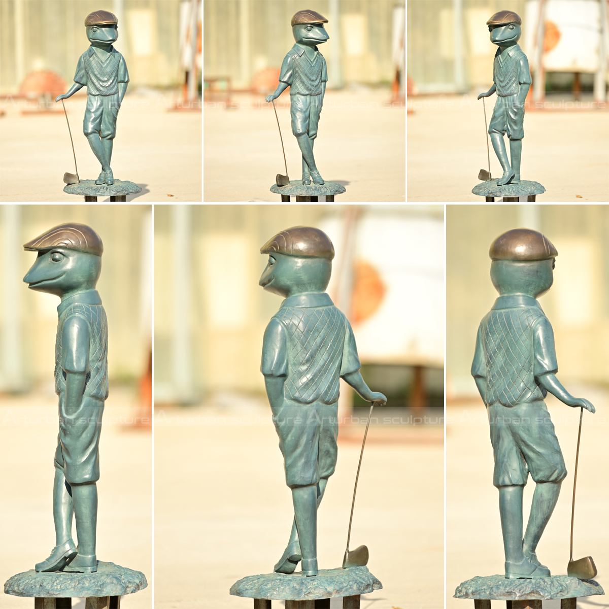 Multiple angles of Giant golfer Frog Garden Statue in bronze