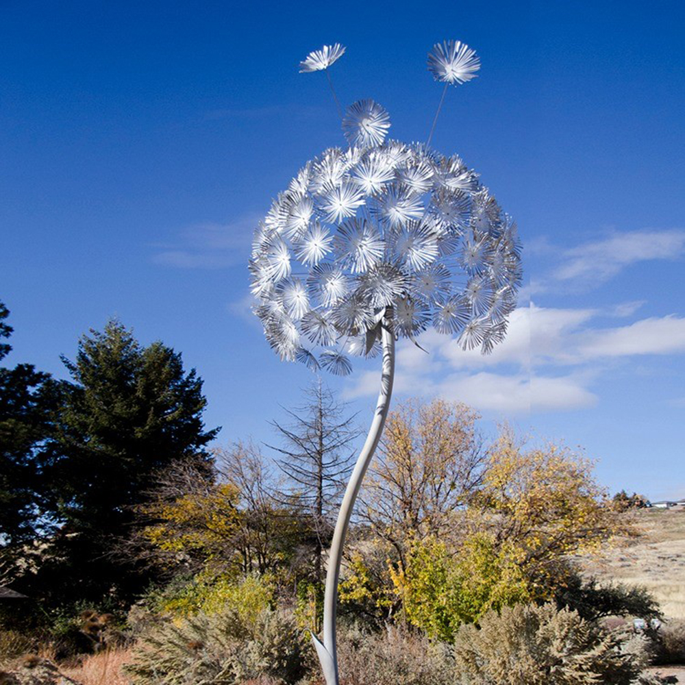 Outdoor stainless steel garden dandelion sculpture with delicate metal details