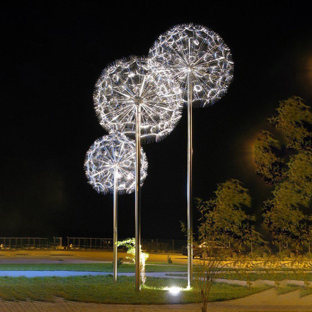 Stainless steel garden dandelion sculpture with LED lighting