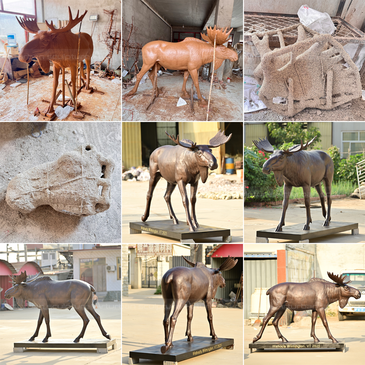 Workshop process and finished bronze Metal Moose Yard Sculpture