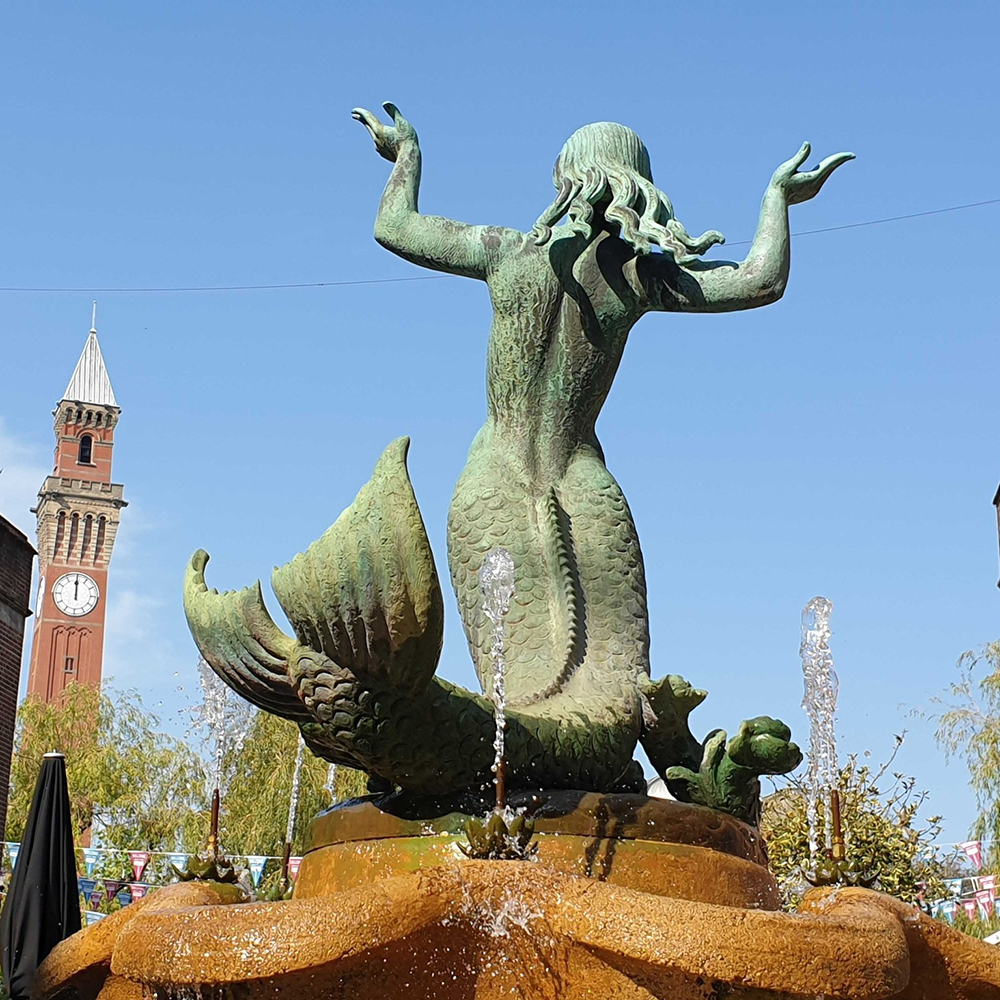 back view of the bronze Mermaid Fountain at Guild of Students, University of Birmingham