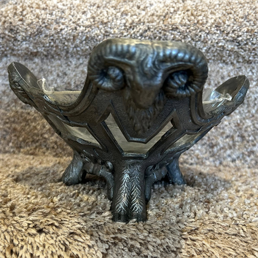 bronze Metal Jardiniere Planter featuring ram head sculpture and four-footed base
