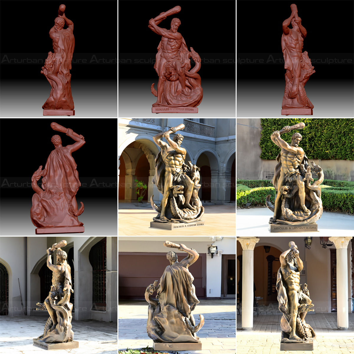 collage of Bronze Roman Hercules Statue showing 3D design and finished bronze statue of Hercules Fighting Hydra