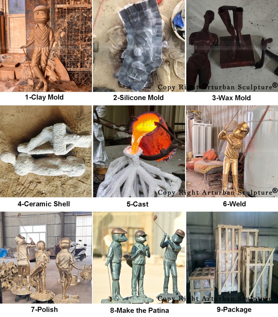 process of making the bronze frog playing golf statue