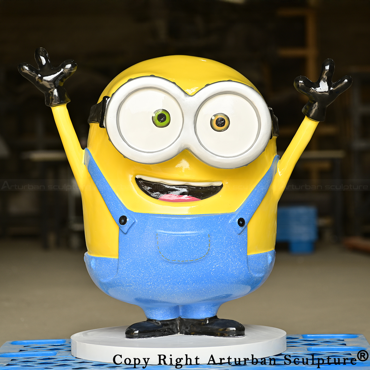 0-Fiberglass Minion Bob Sculpture with both arms raised