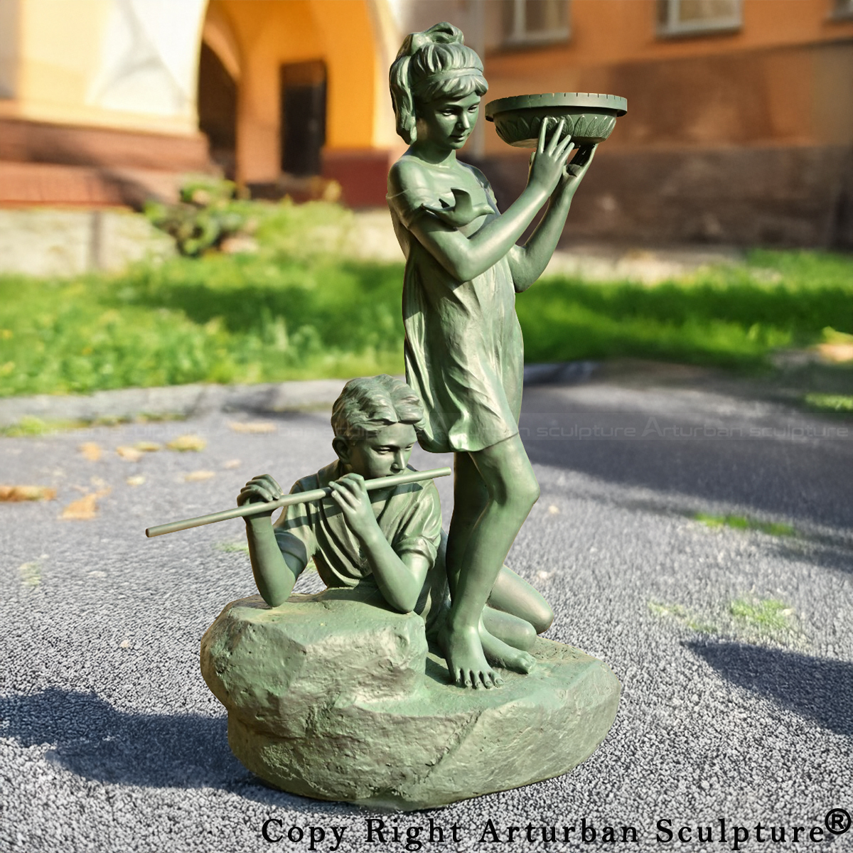 2-Bronze Boy and Girl Fountain outdoor sculpture