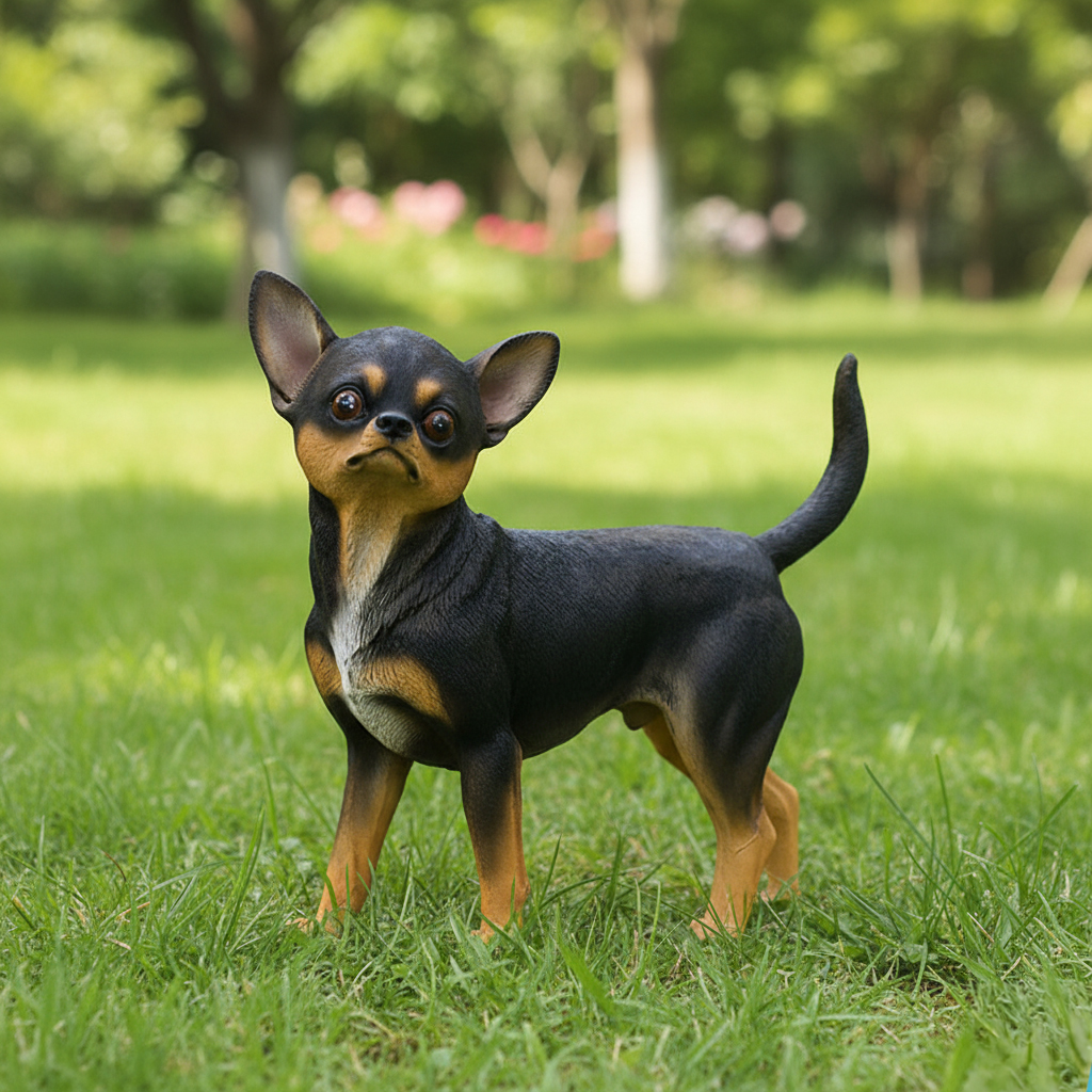 Black Chihuahua Statue standing on green grass