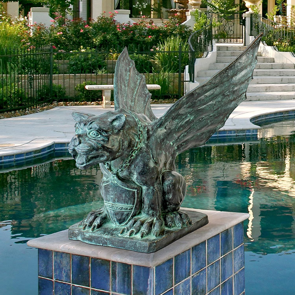 Bronze Bulldog Gargoyle Statue atop a pool pedestal
