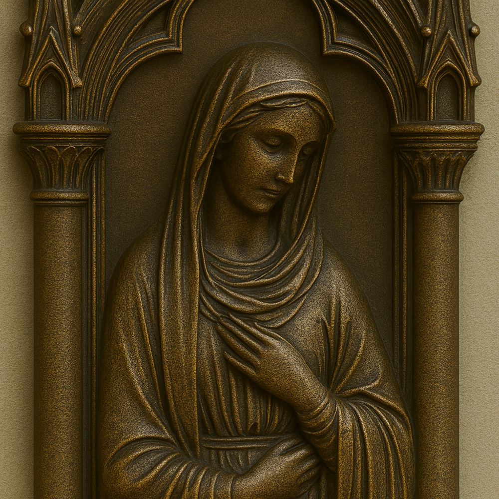 Gothic Jamb Statues bronze Virgin Mary relief