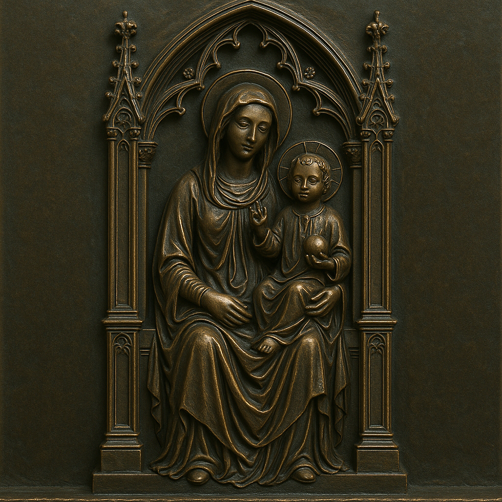 Gothic bronze Madonna Mary and Jesus Relief