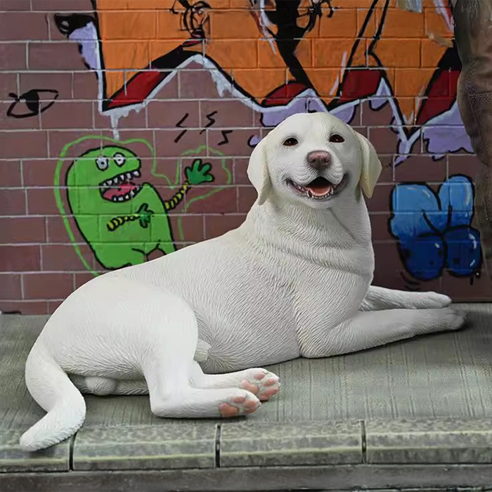 Smiling white labrador fiberglass garden sculpture
