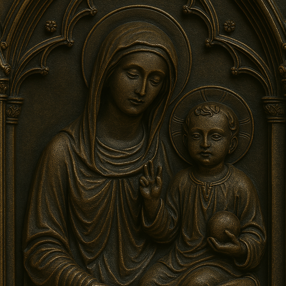 bronze Madonna Mary and Jesus Relief close-up