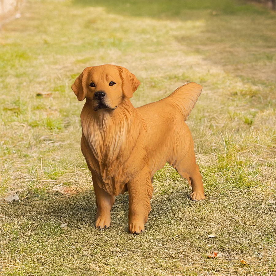 golden retriever lawn statue with rich golden fur