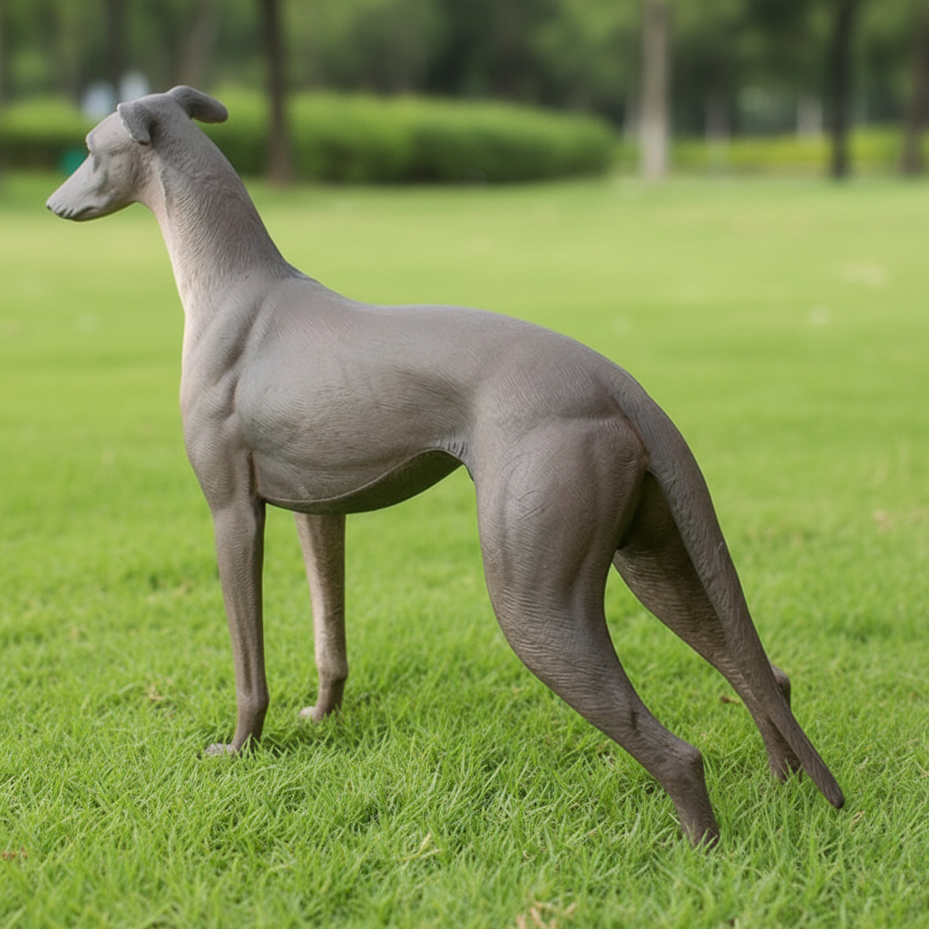 large italian greyhound garden statue standing on grass