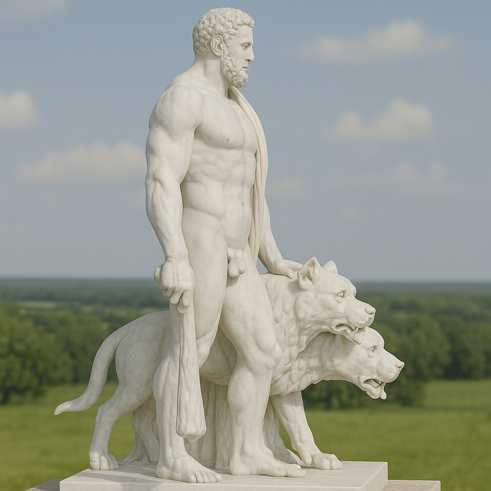 white marble Hercules statue and Cerberus
