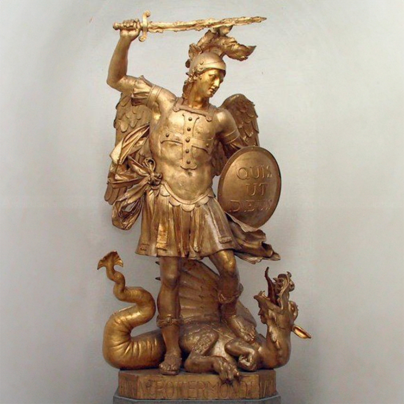 golden Vintage St Michael Statue slaying dragon