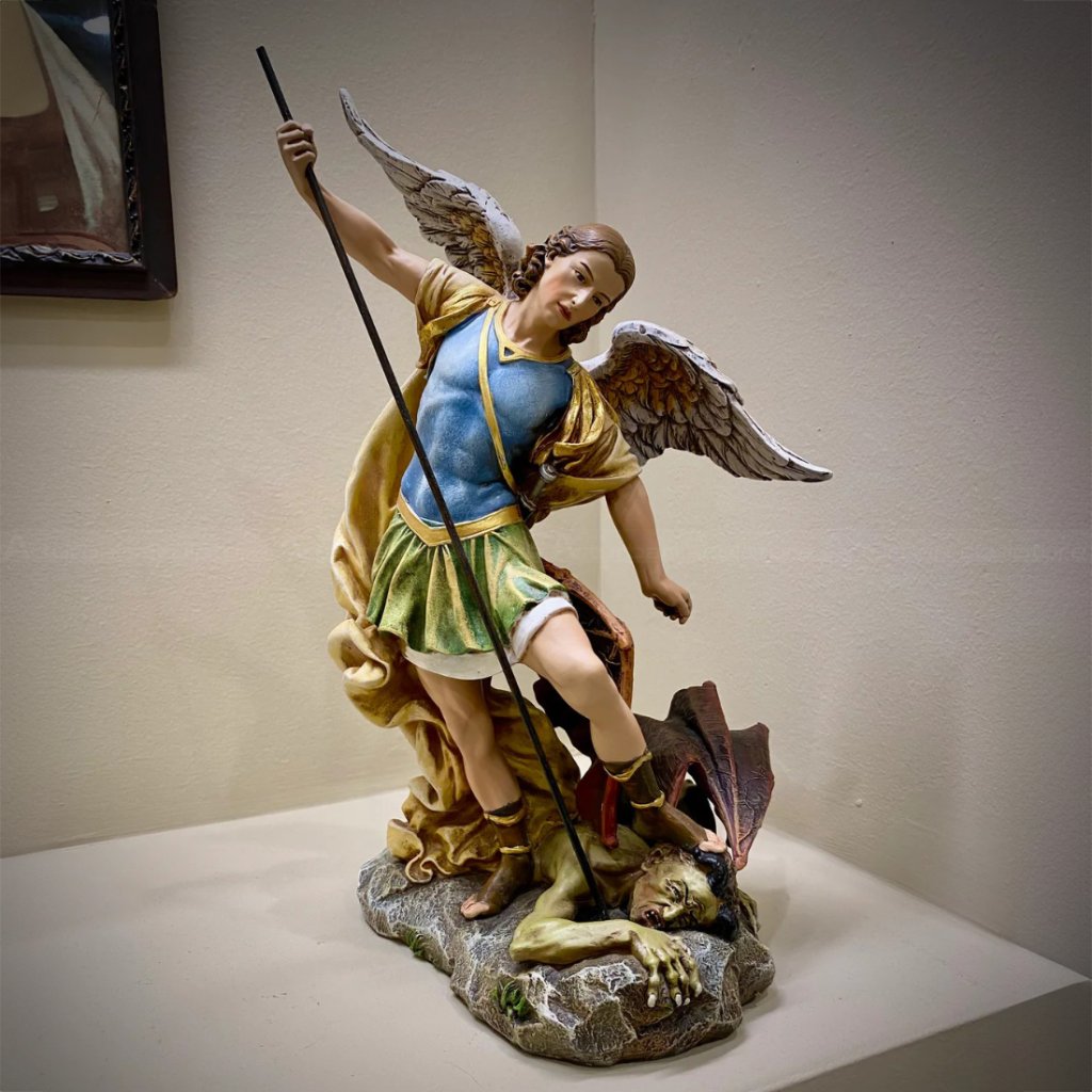 13-2 Fiberglass St Michael with spear sculpture