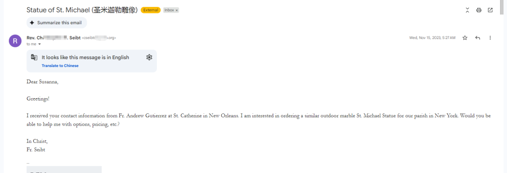 Customer inquiry about st michael statue order