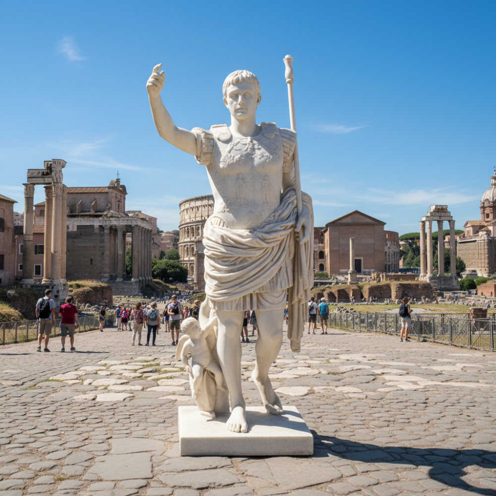 Marble Augustus of Prima Porta Sculpture standing outdoors