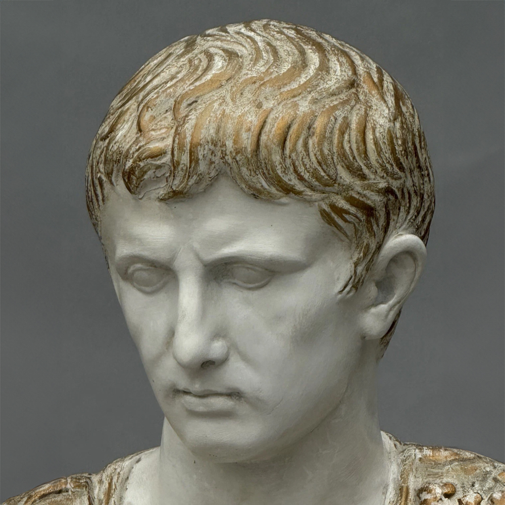 marble Octavian bust sculpture showing hair texture