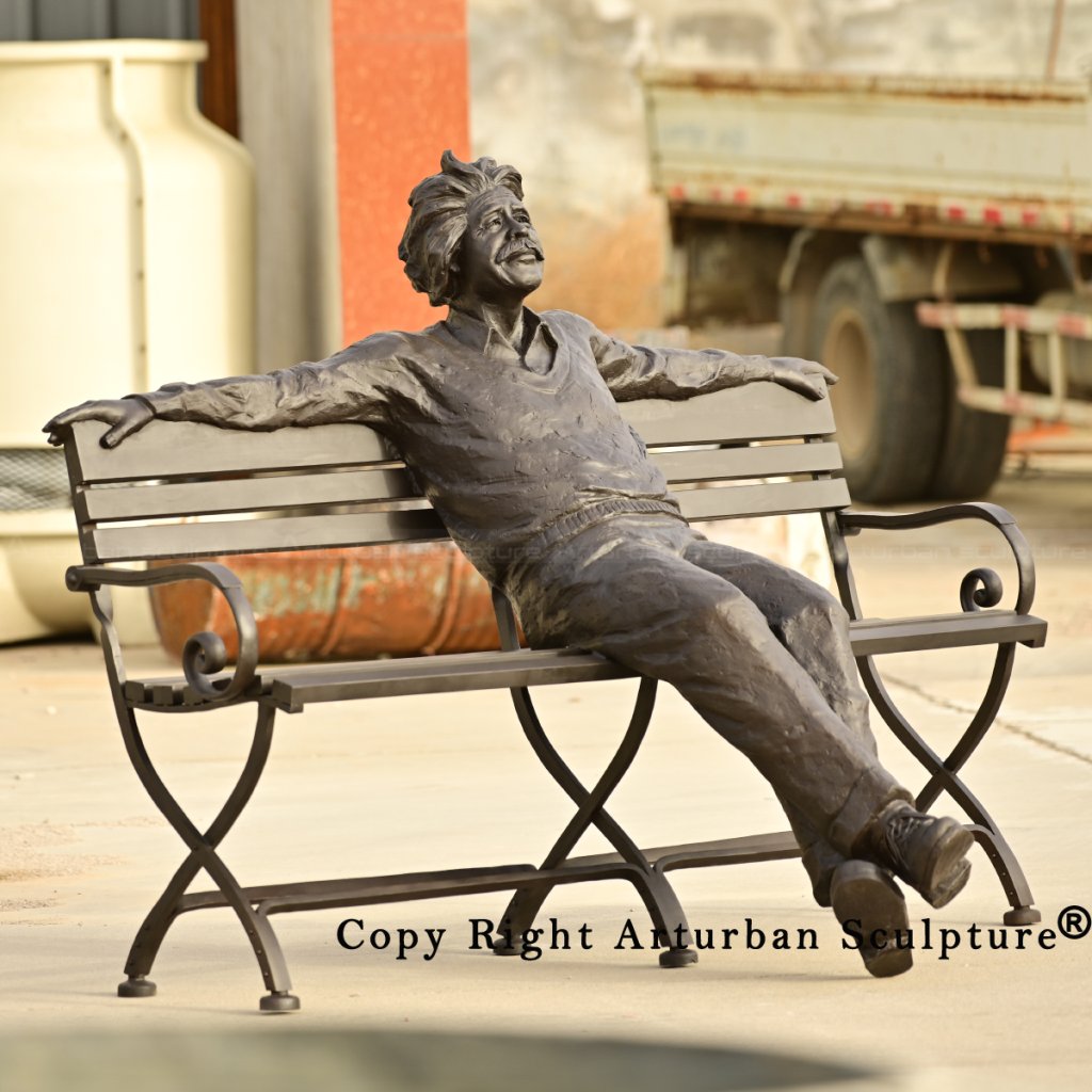 0-Bronze Einstein statue on bench