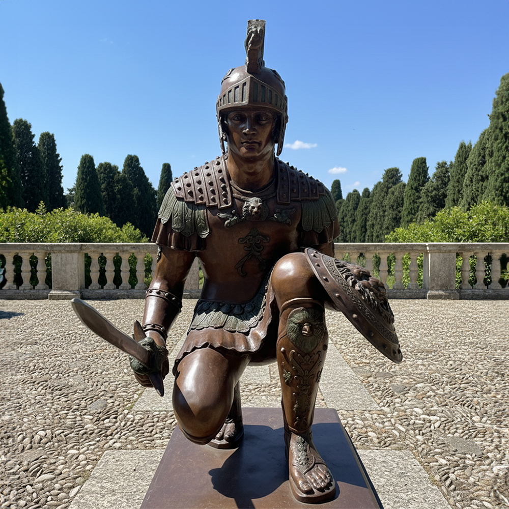 Centurion Statue kneeling Roman officer holding sword and shield
