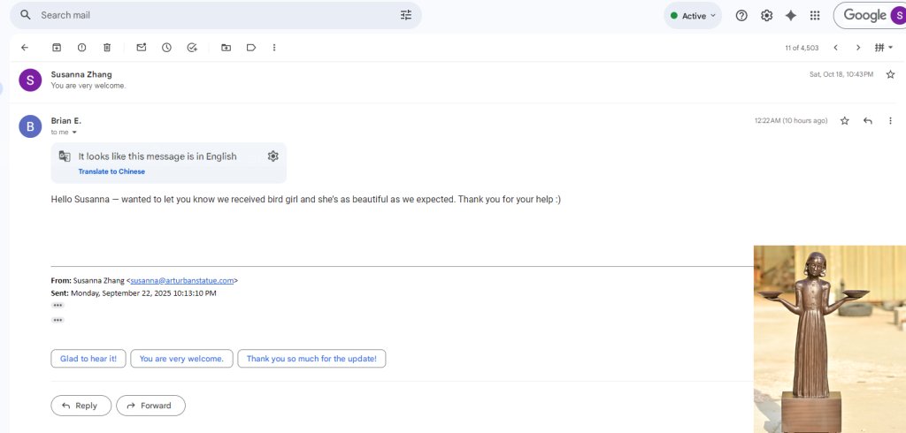 Customer's feedback on our Savannah bird girl statue replica