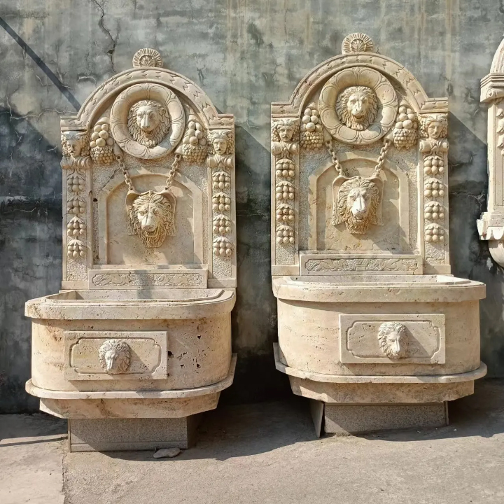 Marble Wall Mounted Lion Head Fountain pair