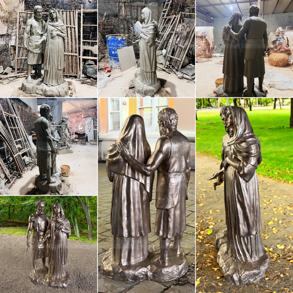 collage of clay and bronze statue of Joseph and pregnant Mary