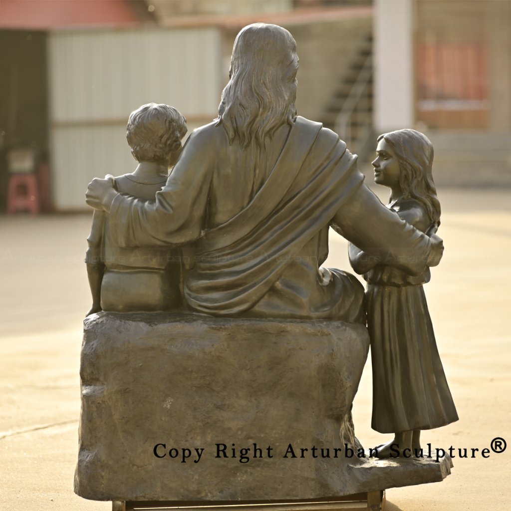 5 Bronze Jesus with Children Statue rear view