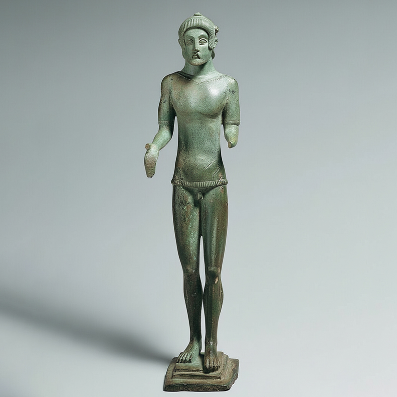 Bronze Archaic Style Greek Sculpture standing male figure
