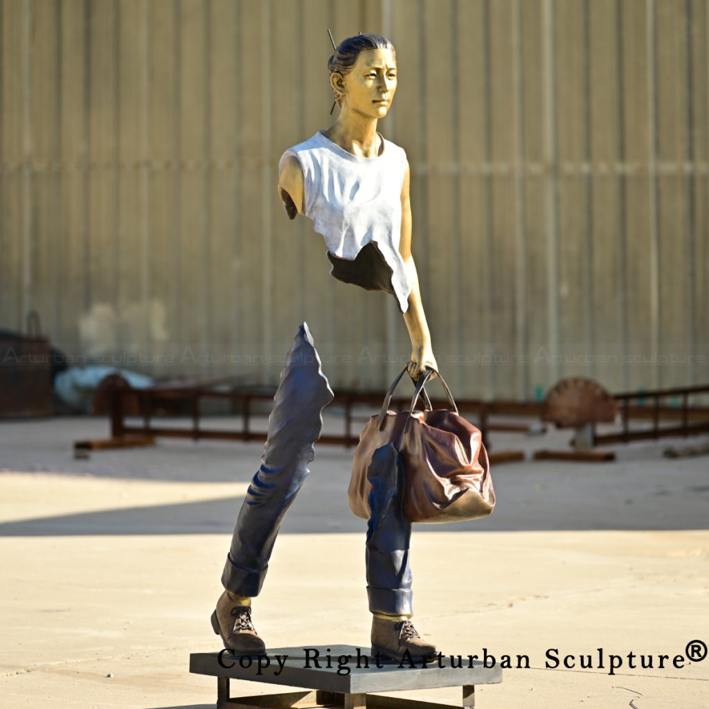 Bronze female traveler sculpture outdoor display