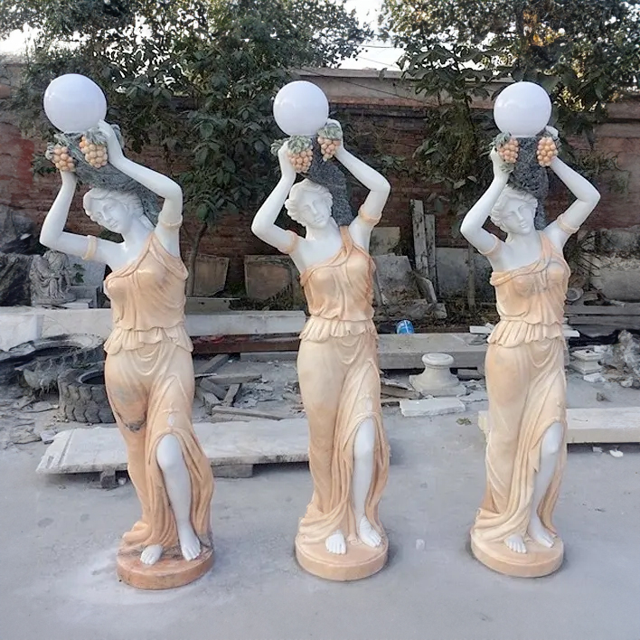 Female Statue with Round Lamp marble