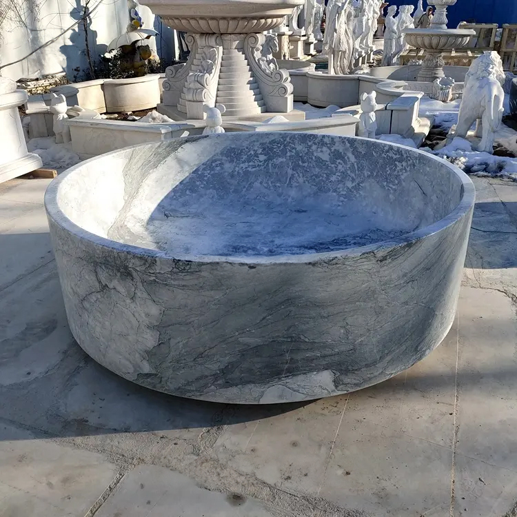 Large Round Marble Tub in gray white marble