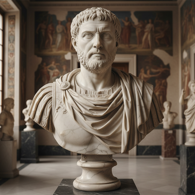 Marble Roman Bust with detailed facial features and classical Roman drapery