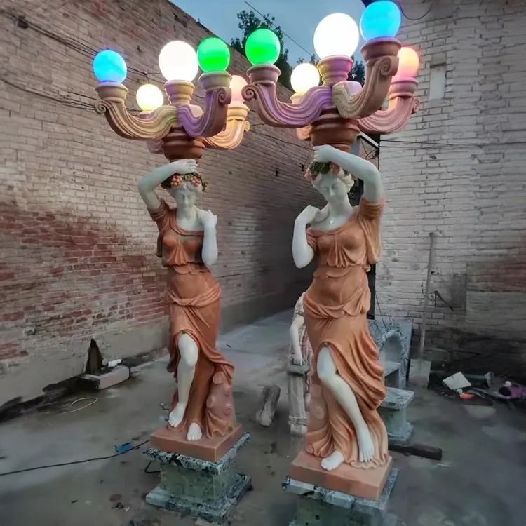 Marble Woman Holding Lamp Statue Sculpture