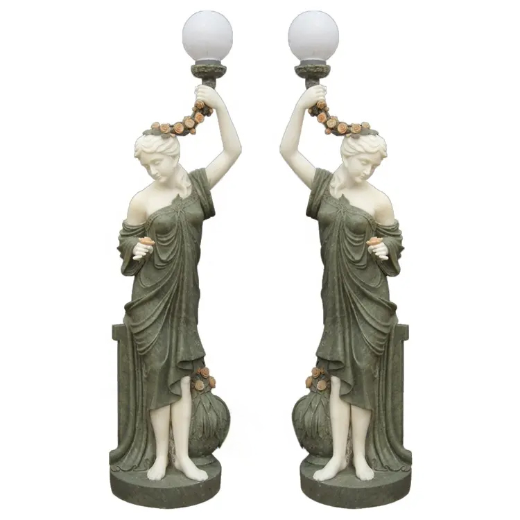 Marble Woman Statue with Globe Lamp pair