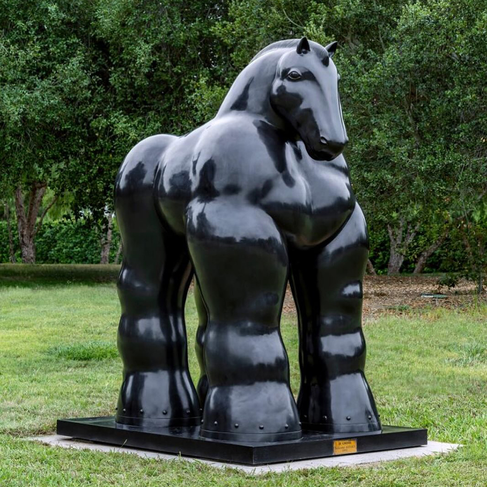 Outdoor bronze Botero horse sculpture on lawn