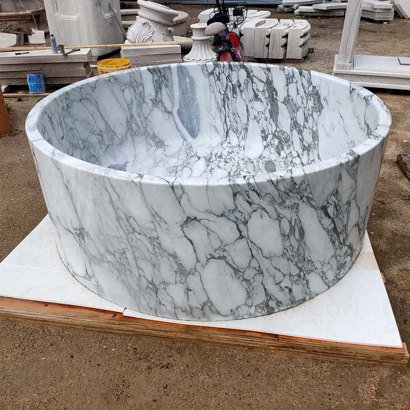 Solid Round Stone Bathtub in white marble
