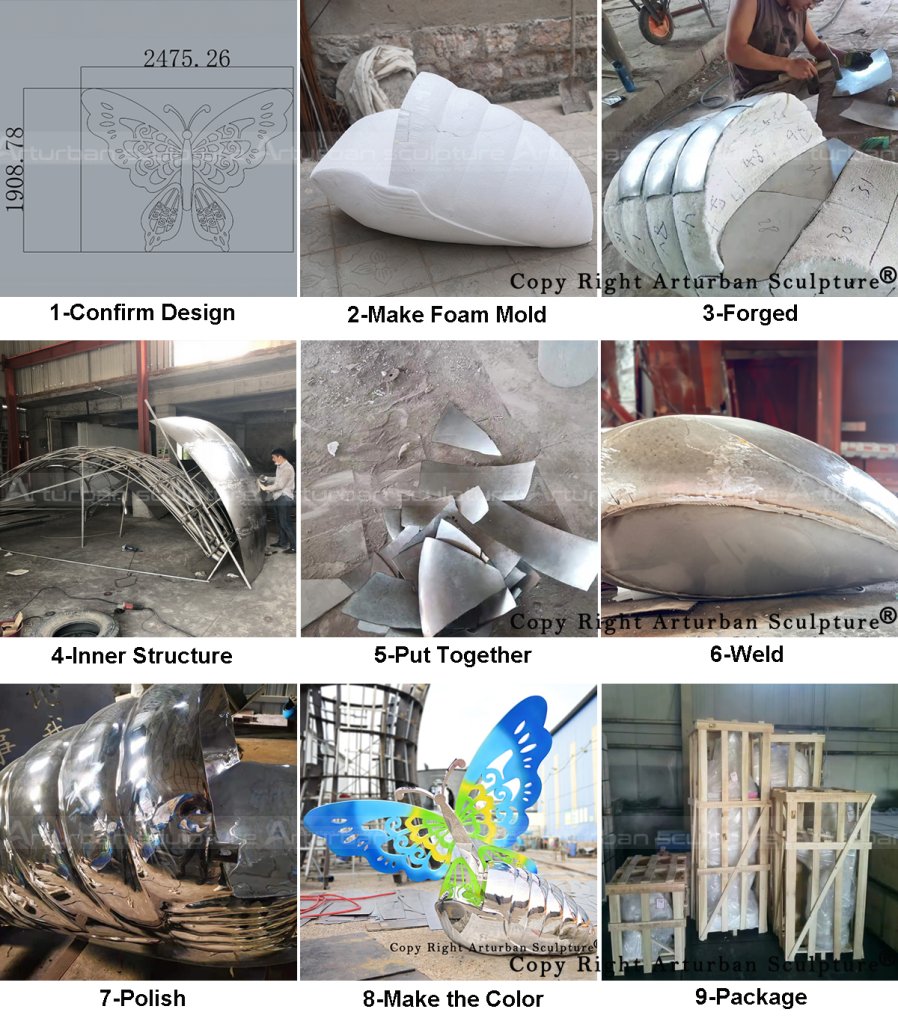 production process of making forged stainless steel butterfly sculpture