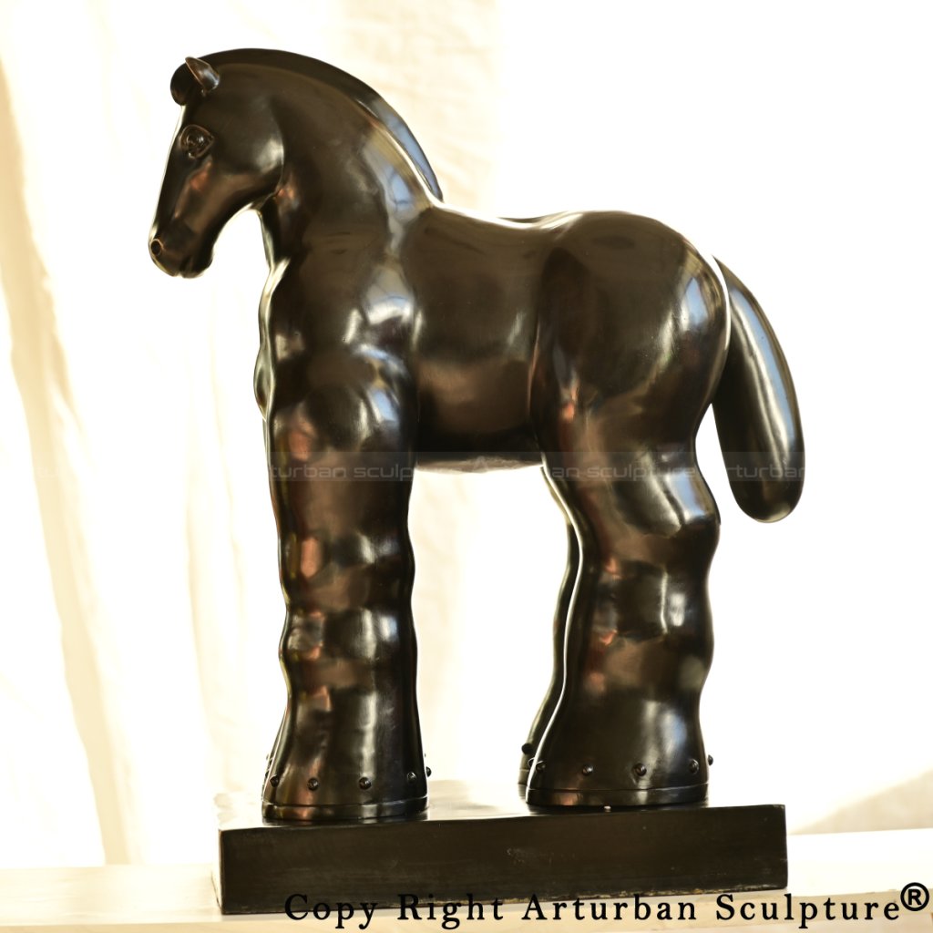 side view of a copper Botero Horse Sculpture