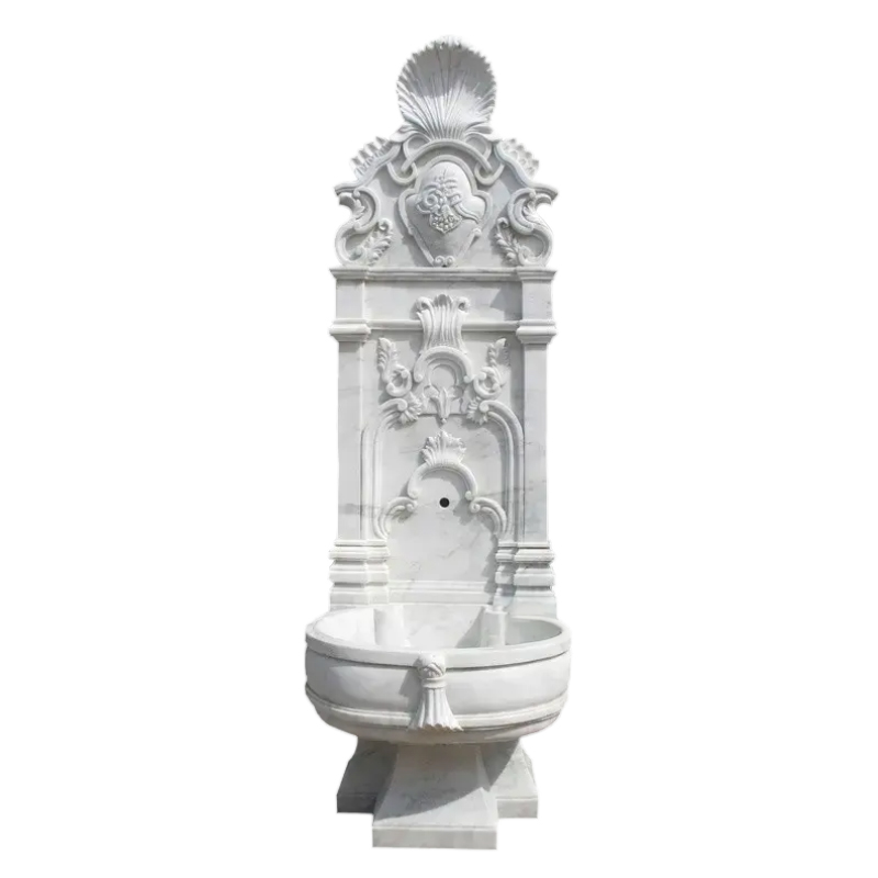 Antique white marble Stone Wall Fountain shell crest