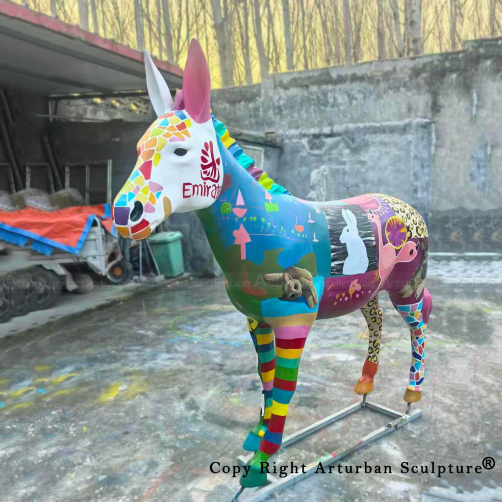Outdoor painted donkey art statue