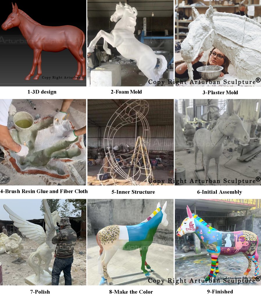 production process of making fiberglass painted donkey sculpture