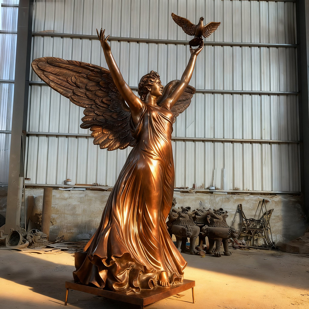 Angel with Dove Statue bronze front wings spread