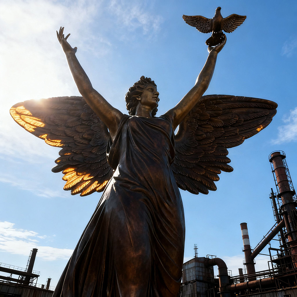 Angel with Dove Statue bronze side view flowing dress