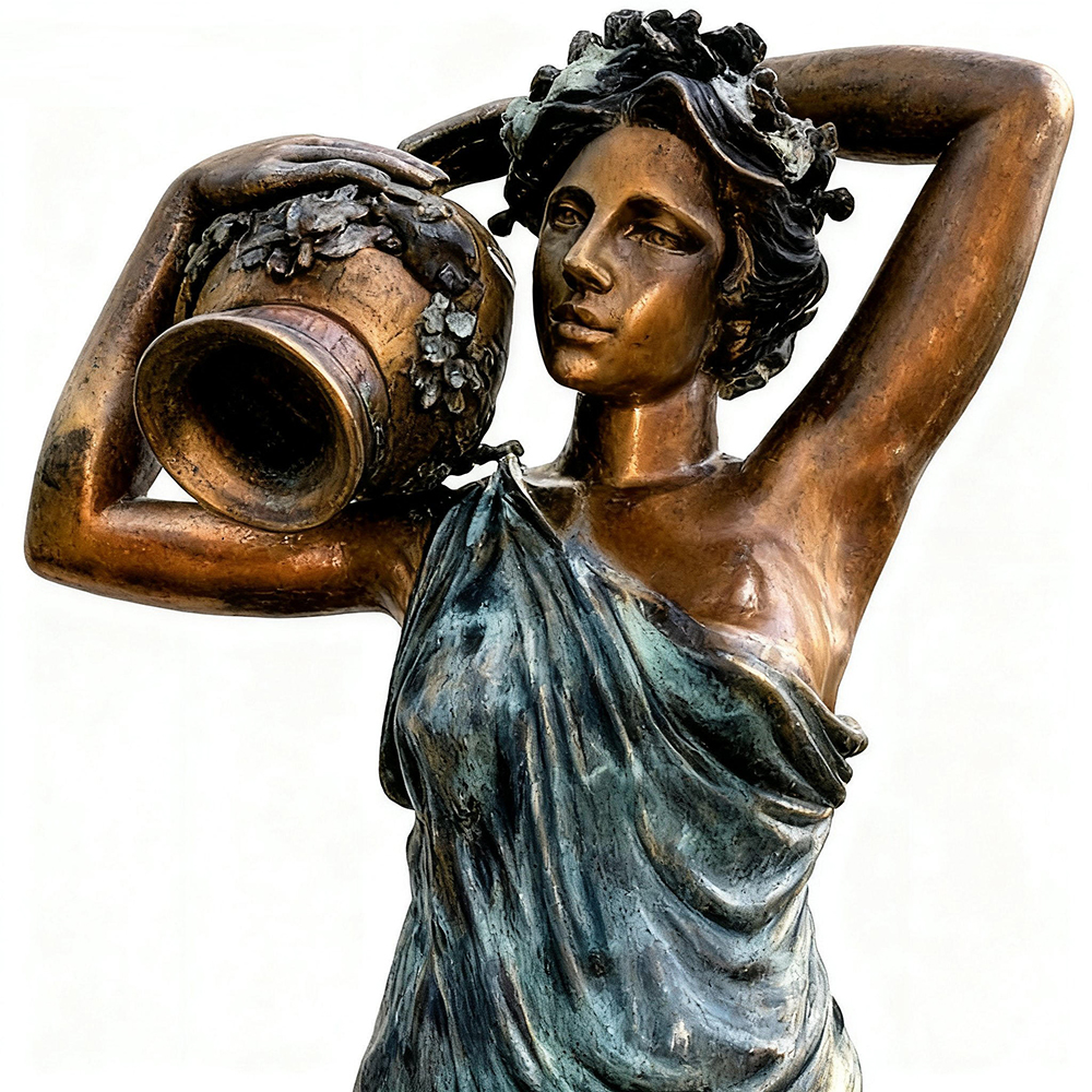 Bronze Lady with Water Jar Statue face close-up
